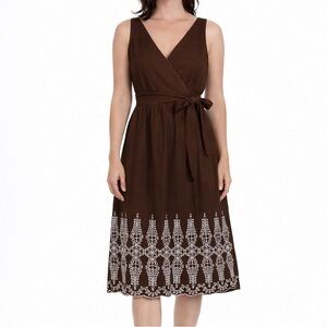 max studio brown dress 100% cotton tie embroidered